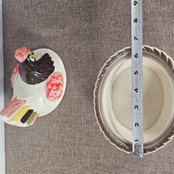 Vintage Metlox Hen On Nest Poppy Trail Pottery Vernon Red Rooster Covered Dish - Picture 10 of 12